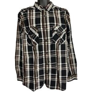 Helix Button Up Shirt Men XL Brown Black Plaid Athletic Fit Pockets Long Sleeves